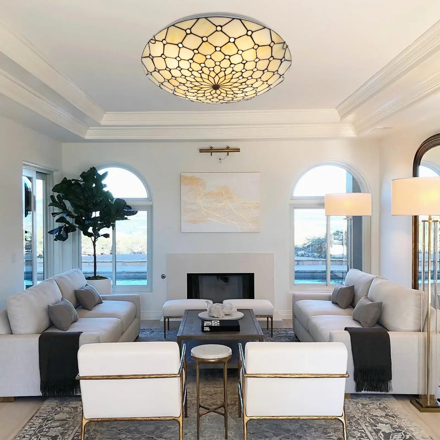 Antique Style 4-Light Flush Mount Ceiling Light - Stained Glass Shade with Vintage Finish for Kitchen Lighting