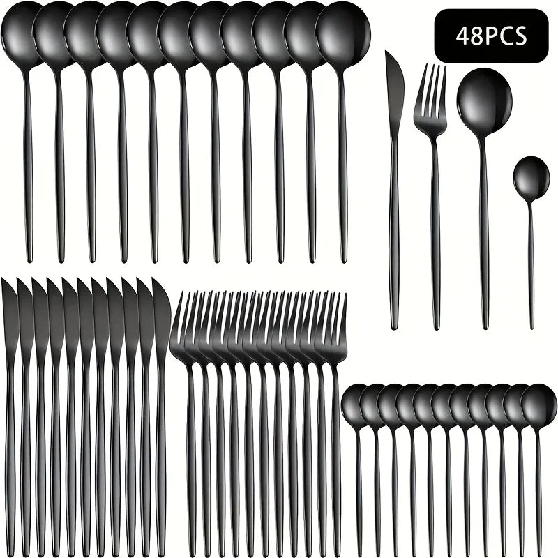 24/48pcs Stainless Steel Cutlery Set Dishwasher Safe Home Kitchen, Parties Holidays Includes Forks, Knives, Spoons
