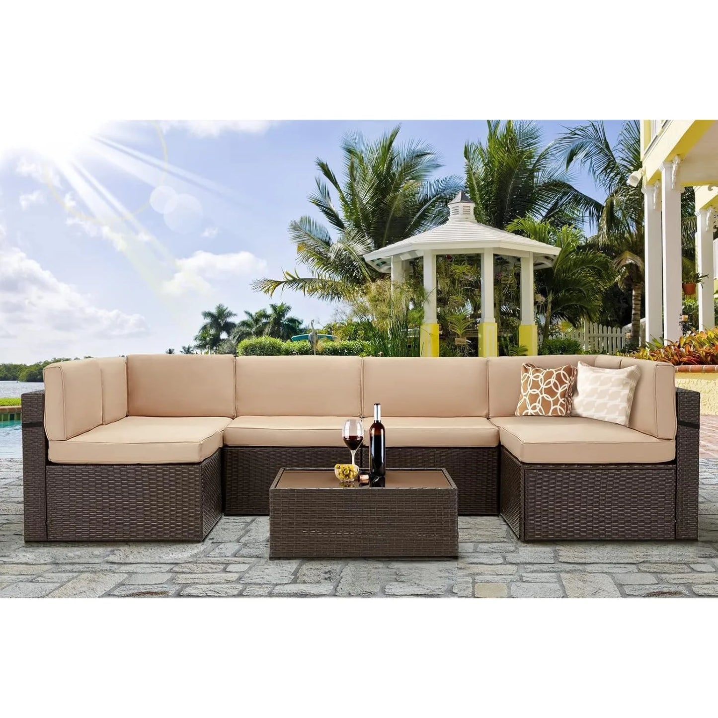 7 Piece Outdoor Patio Furniture Set, PE Rattan Wicker Sofa Set, Outdoor Sectional Furniture Chair Set Brown