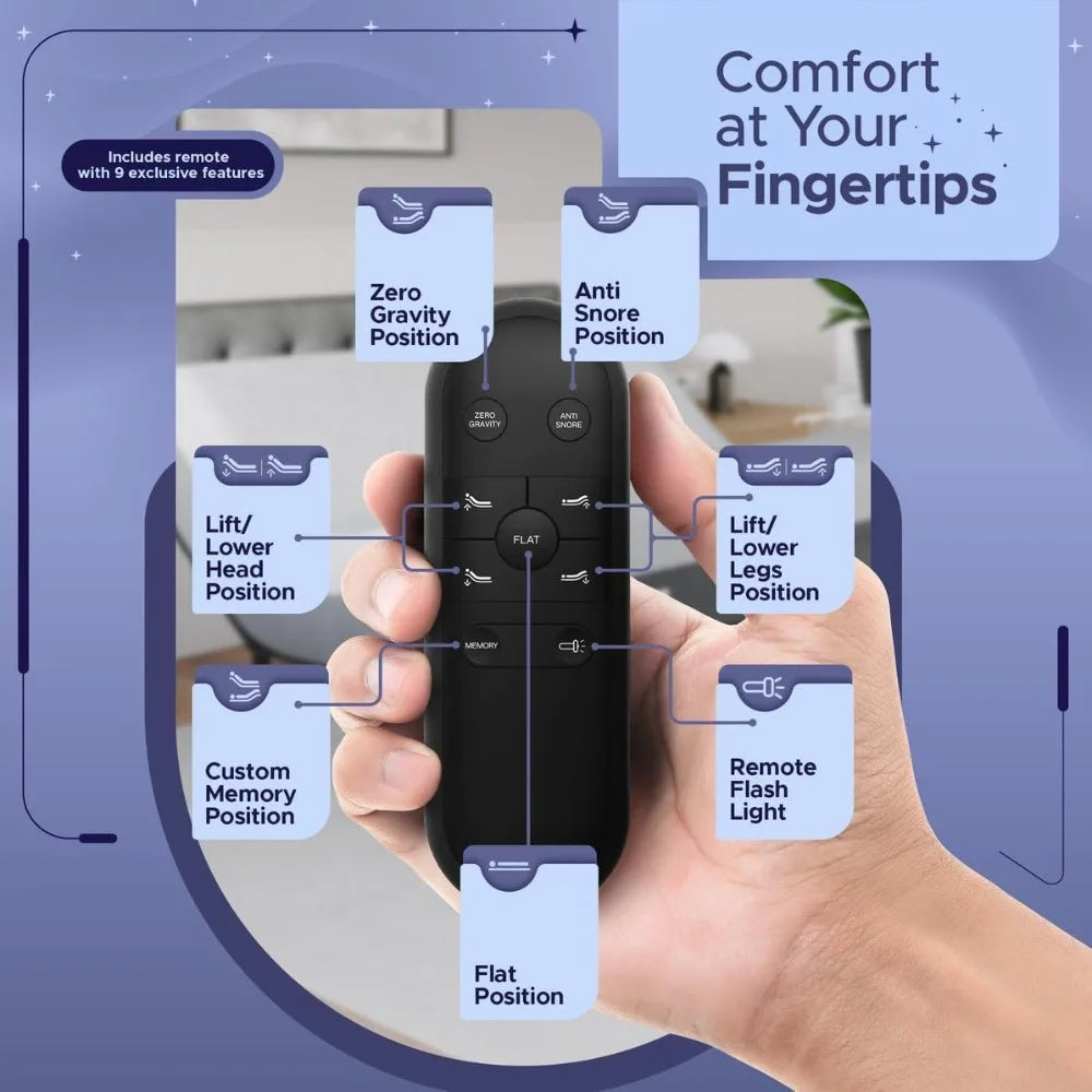 Adjustable Bed Base (Frame) + 8 inch Gel Memory Foam Mattress (Firm), Easy Assembly, Head and Foot Lift, Zero Gravity