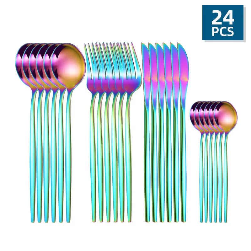24Pcs Stainless Steel Golden Cutlery, Silverware Set Mirror Flatware Western Cutlery Set Dinning Kitchen Dinning Tableware