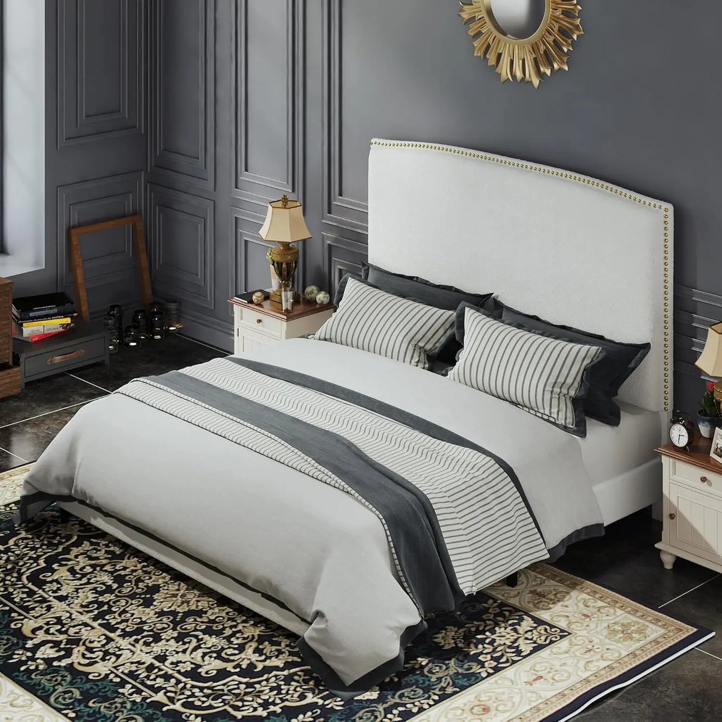 King Size Bed Frame with Upholstered Headboard, 56" Modern Platform Bed, Soft Boucle Fabric & Gold Nailhead Trim