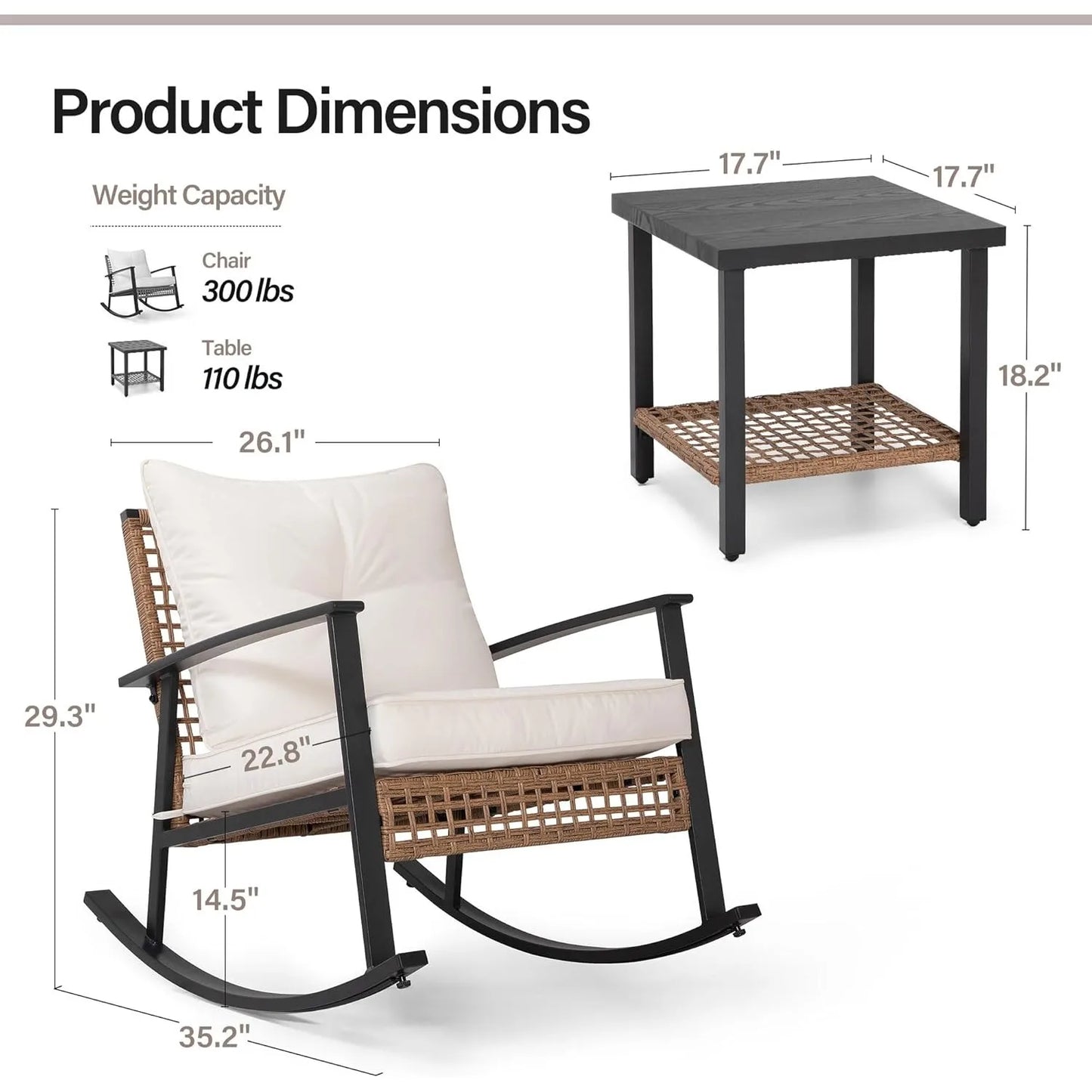 3 Pieces Rocking Bistro Set, Outdoor Patio Furniture Set with Thick Cushions and 2-Tier Coffee Table (Beige)