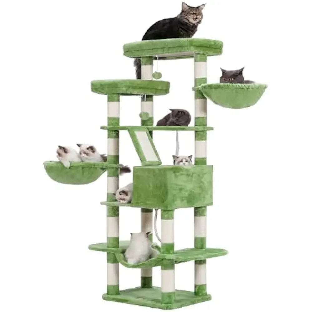 Cat Tree, 68 inch Multi-Level Cat Tower for Indoor Cats, 2 Widened Plush Perches Cat Condo with Scratching Board and Big Caves