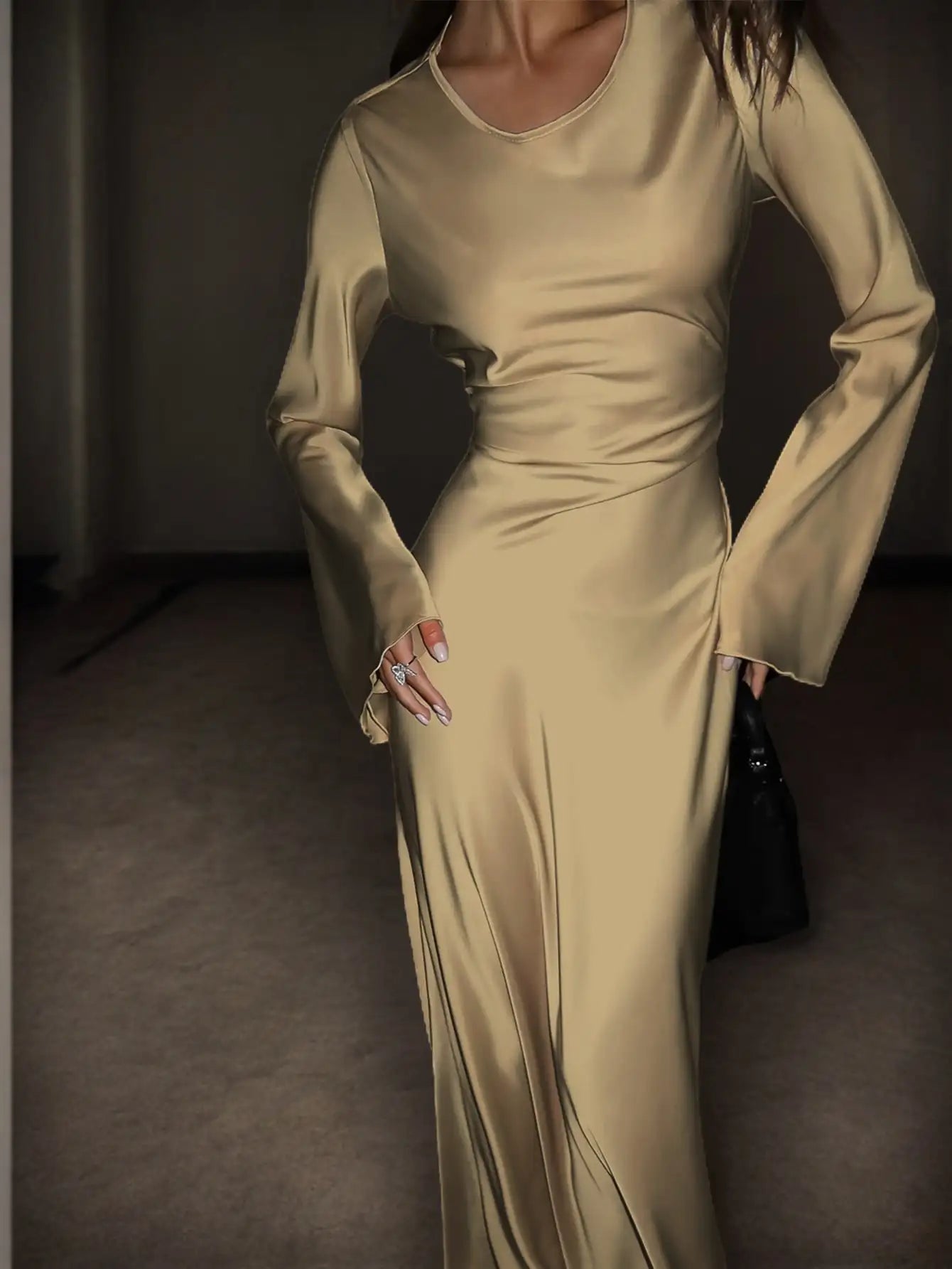 Women's Bespoke Satin Maxi Dress with Corset Waist Tie Classic Round Neck & Dramatic Flared Sleeves Luxury Evening Dress