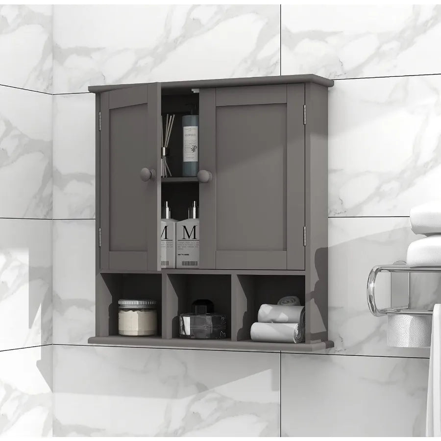 Wallmounted grey bathroom cabinet with two doors and adjustable shelves ideal for overthetoilet storage in bathrooms and laundr