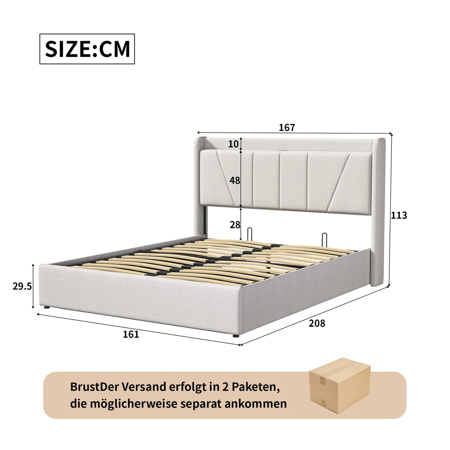 Rosahqnda Upholstery bed 160x200 cm Double Bed LED Lighting Air Pressure Storage Bed Headboard Beige Grey Linen