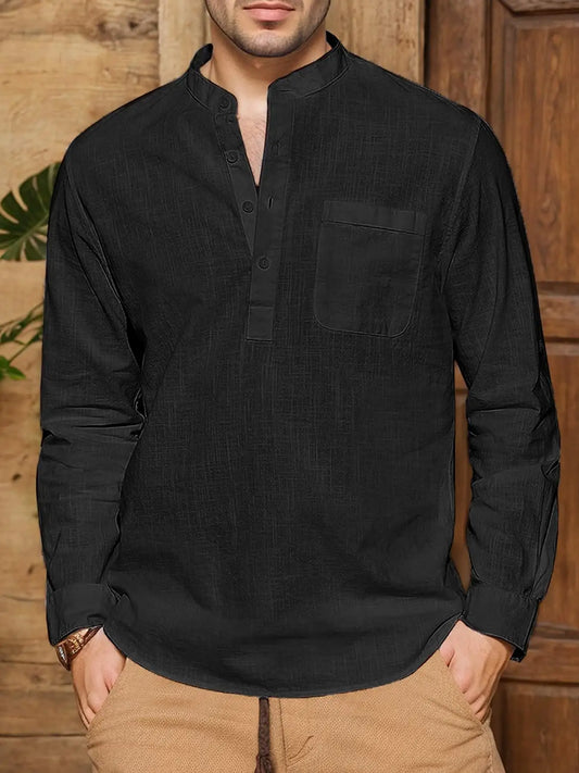 Men's Linen Roll Up Long Sleeve Shirt Cotton Casual Beach Shirts Henley T-Shirt Band Collar Vacation Tops with Pocket