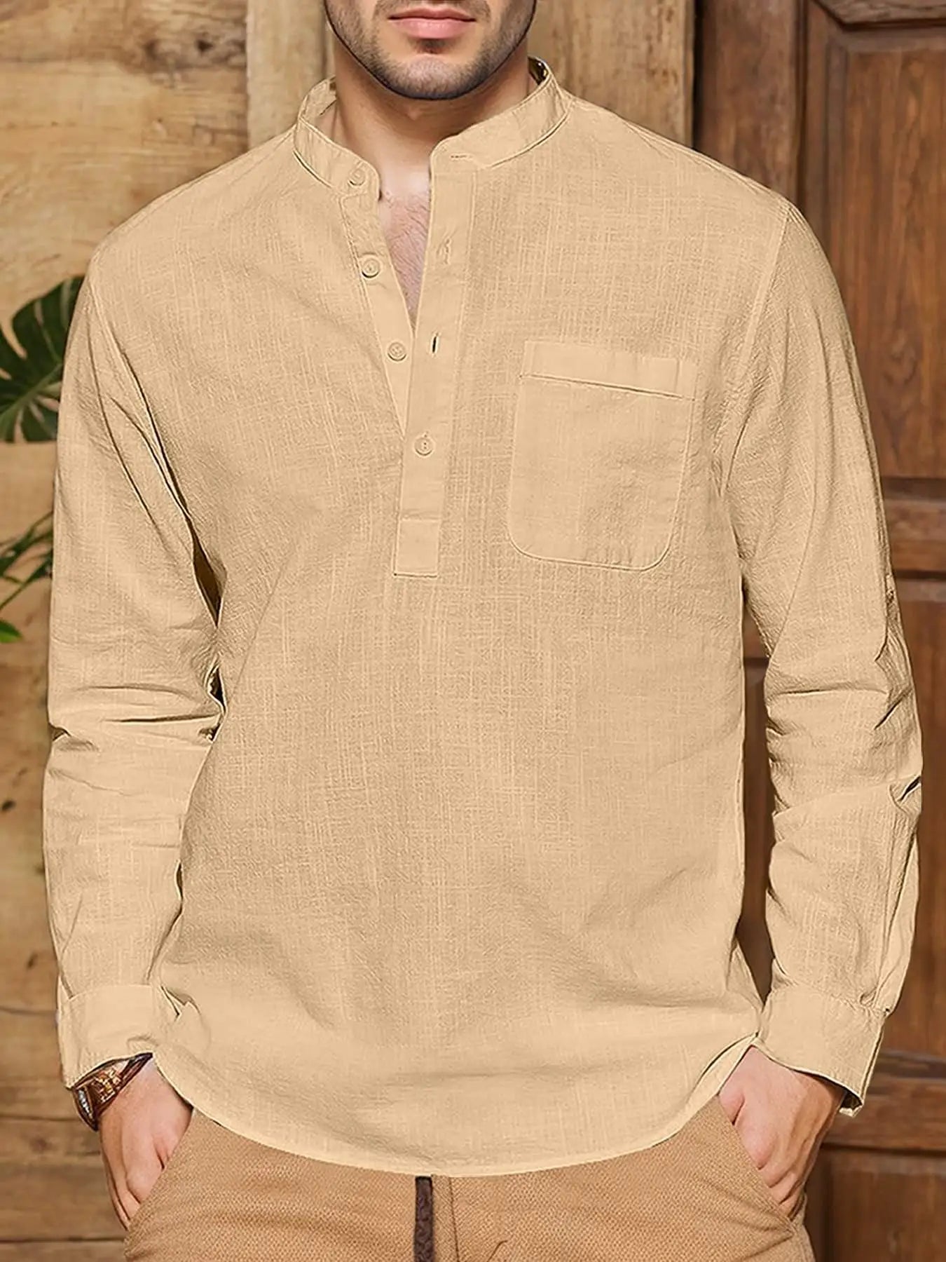 Men's Linen Roll Up Long Sleeve Shirt Cotton Casual Beach Shirts Henley T-Shirt Band Collar Vacation Tops with Pocket