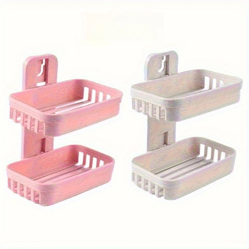 3 Sets of Beige+pink Double-layer Soap Holders, Bathroom Storage Box, Suitable for Sponges, Brushes, and Toiletries