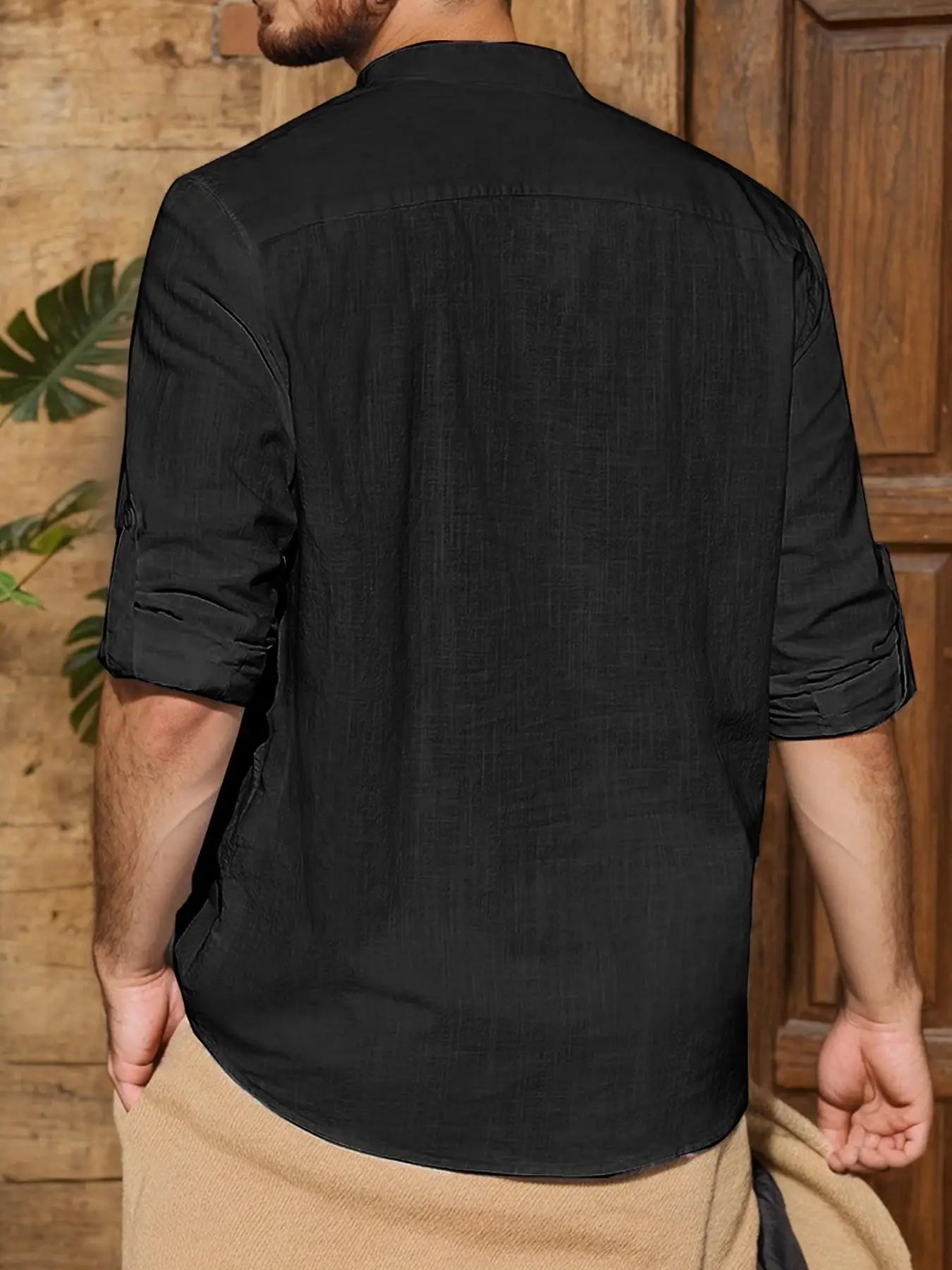 Men's Linen Roll Up Long Sleeve Shirt Cotton Casual Beach Shirts Henley T-Shirt Band Collar Vacation Tops with Pocket