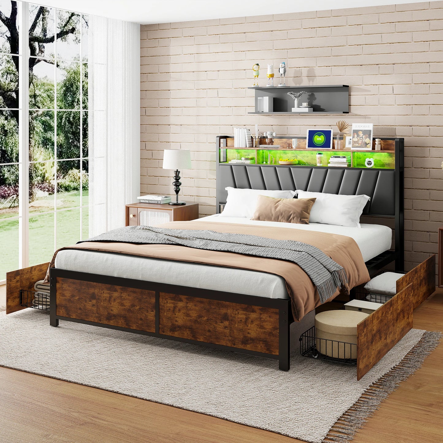 Rosahqnda metal bed double bed 4 drawers with metal Latt and storage headboard double bed steel wood iron bed