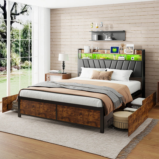 Rosahqnda metal bed double bed 4 drawers with metal Latt and storage headboard double bed steel wood iron bed