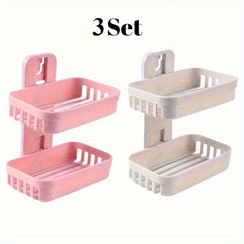 3 Sets of Beige+pink Double-layer Soap Holders, Bathroom Storage Box, Suitable for Sponges, Brushes, and Toiletries