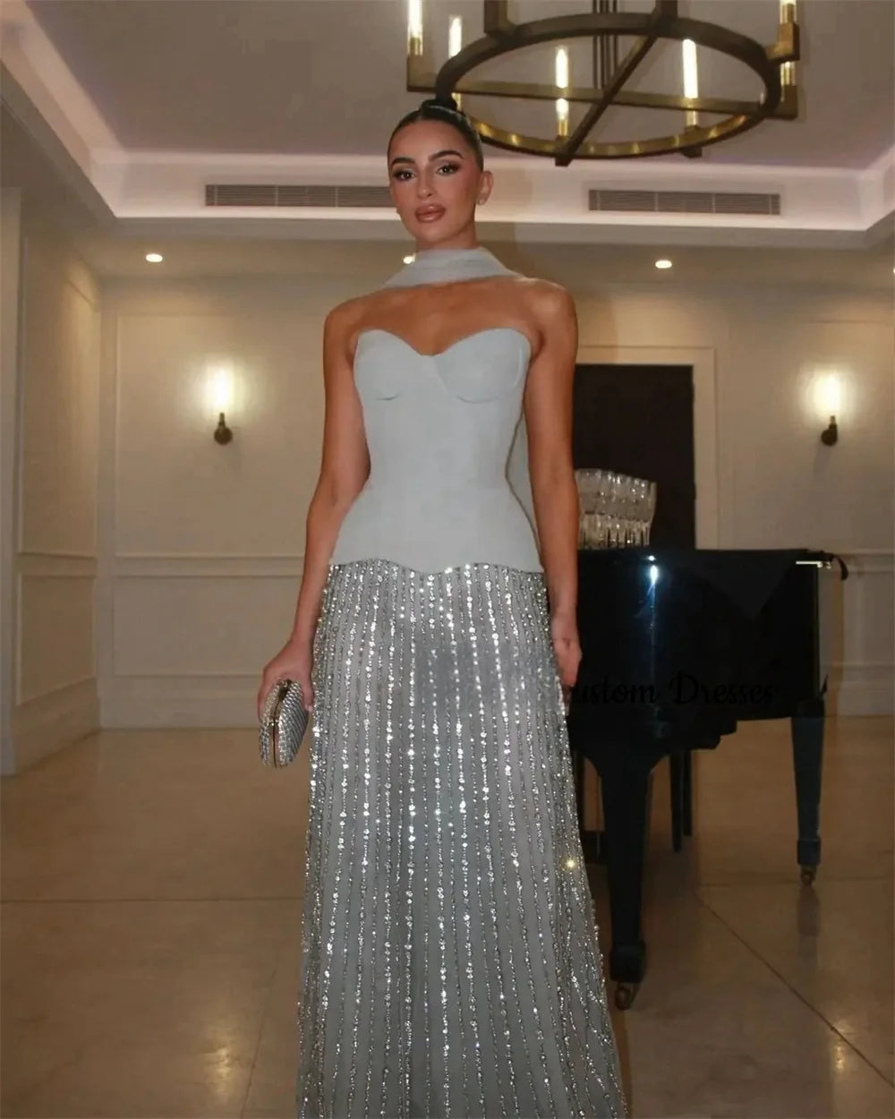 Mila Blue Strapless Sleeveless Customized Prom Dresses Detachable Shawl Floor-Length 15 Quinceanera Dresses Sheath Evening Dress