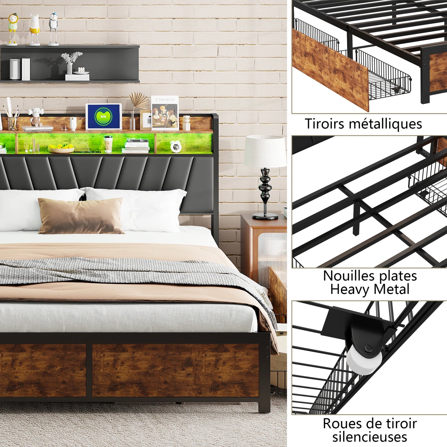Rosahqnda metal bed double bed 4 drawers with metal Latt and storage headboard double bed steel wood iron bed