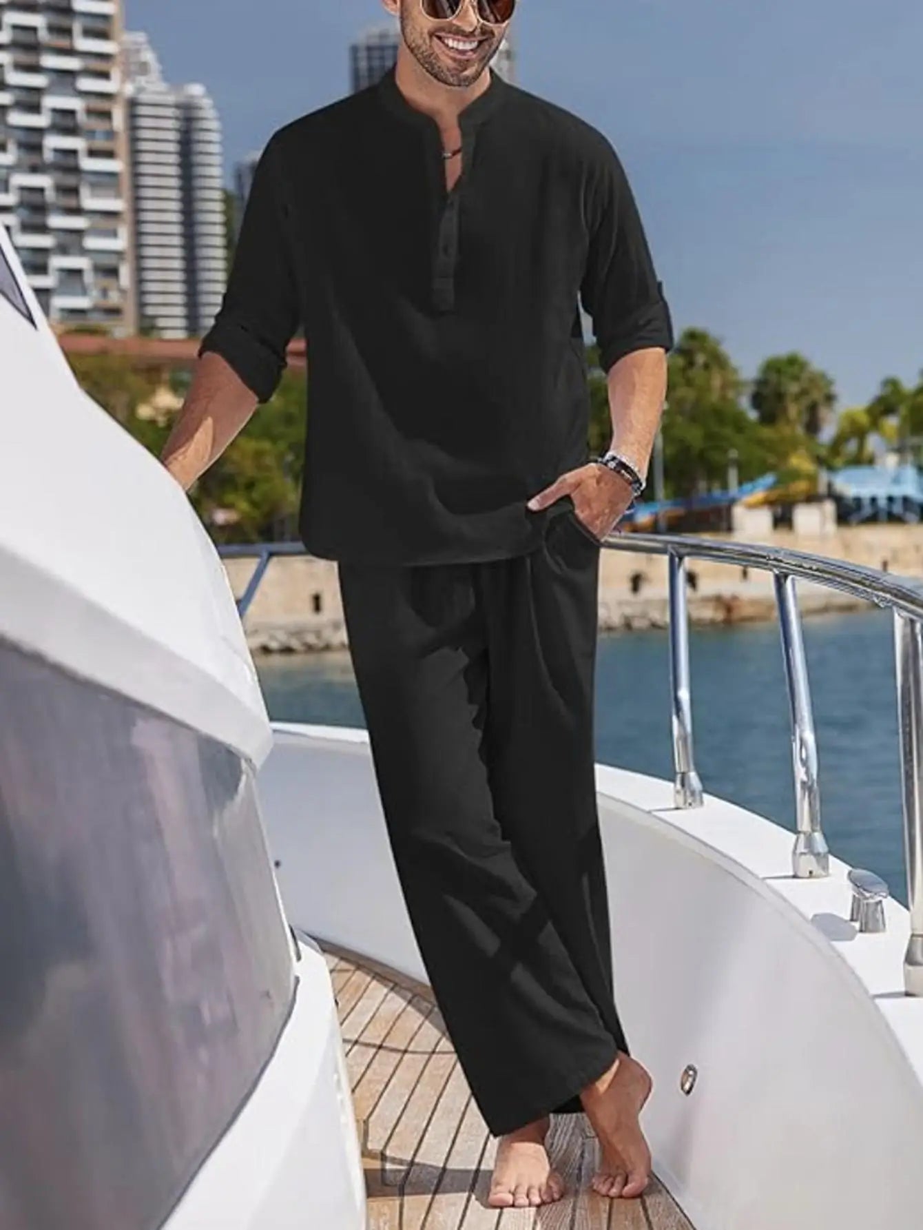 Men's 2 Pieces Cotton Linen Set Long Sleeve Henley Shirts Casual Beach Pants With Pockets