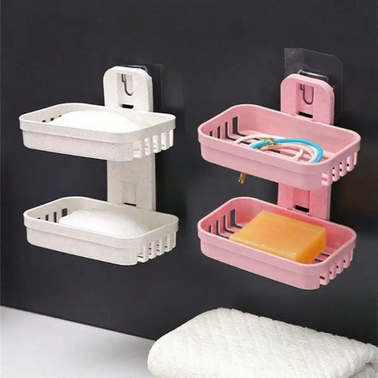 3 Sets of Beige+pink Double-layer Soap Holders, Bathroom Storage Box, Suitable for Sponges, Brushes, and Toiletries