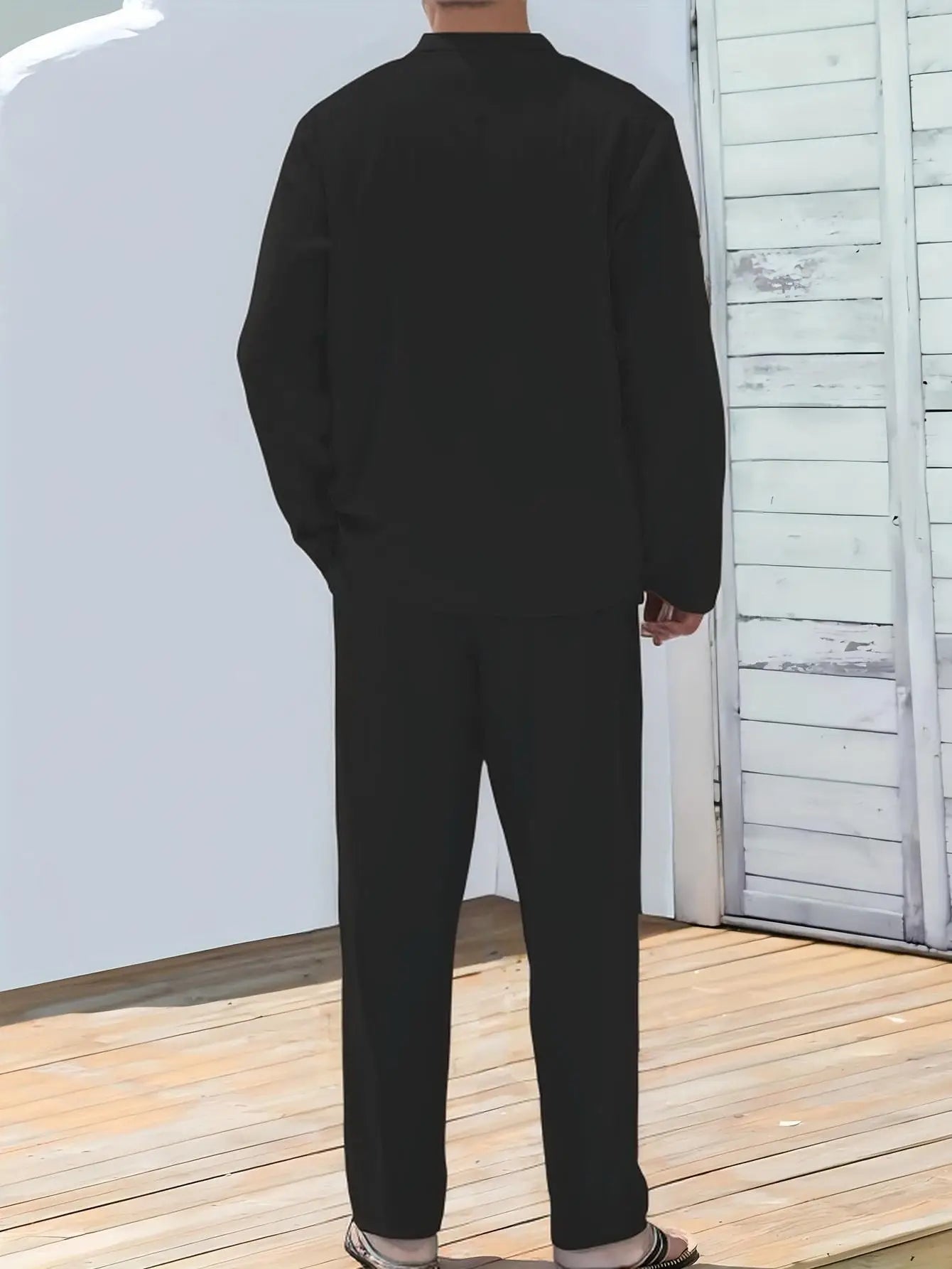 Men's 2 Pieces Cotton Linen Set Long Sleeve Henley Shirts Casual Beach Pants With Pockets