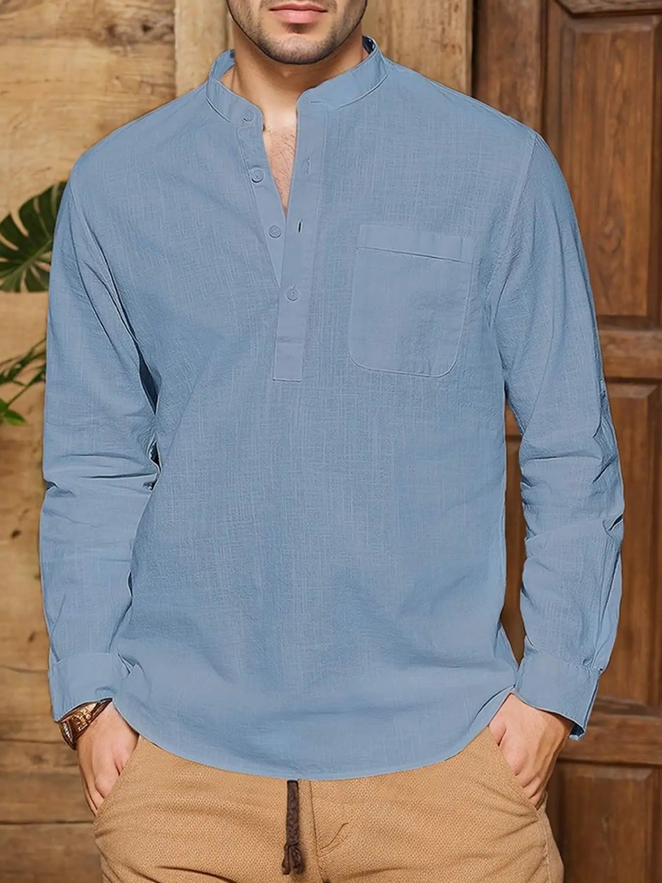 Men's Linen Roll Up Long Sleeve Shirt Cotton Casual Beach Shirts Henley T-Shirt Band Collar Vacation Tops with Pocket