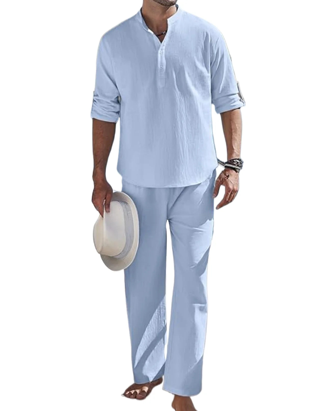 Men's 2 Pieces Cotton Linen Set Long Sleeve Henley Shirts Casual Beach Pants With Pockets
