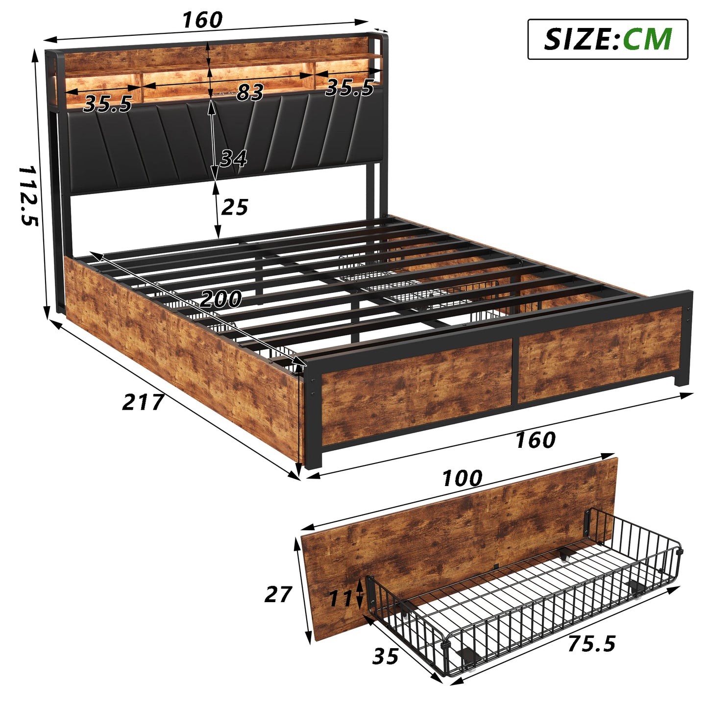 Rosahqnda metal bed double bed 4 drawers with metal Latt and storage headboard double bed steel wood iron bed