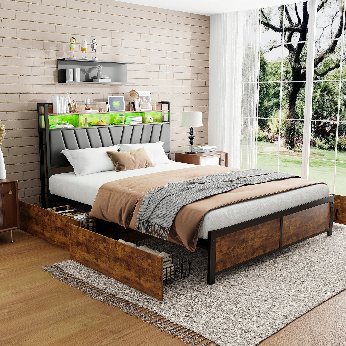 Rosahqnda metal bed double bed 4 drawers with metal Latt and storage headboard double bed steel wood iron bed