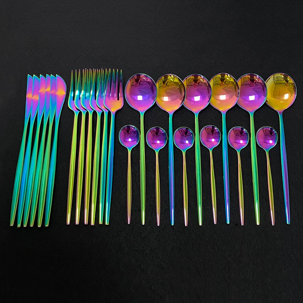 24Pcs Colorful Dinnerware Set Stainless Steel Cutlery Set Kitchen Mirror Gold Tableware Set Knife Fork Spoon Dinner Set