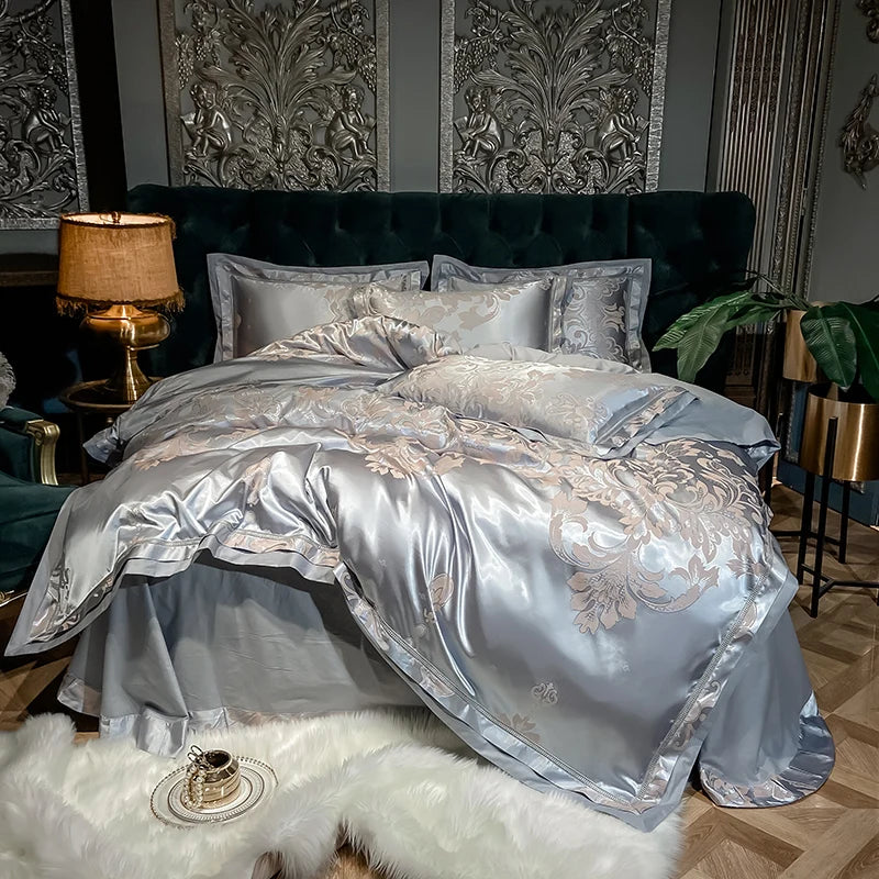 Soft Satin Jacquard Cotton Bedding Set, Luxury Duvet Cover, Blue, Gold, Gray, Queen, King Bed Sheet, Pillowcases, Home Textiles