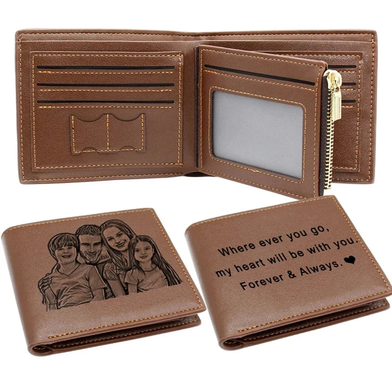 Picture Wallet Men Business Short Ultra-Thin Fashion Cowhide Bi-Fold Diy Customized Photo Carved Text Purse Valentine's Day Gift