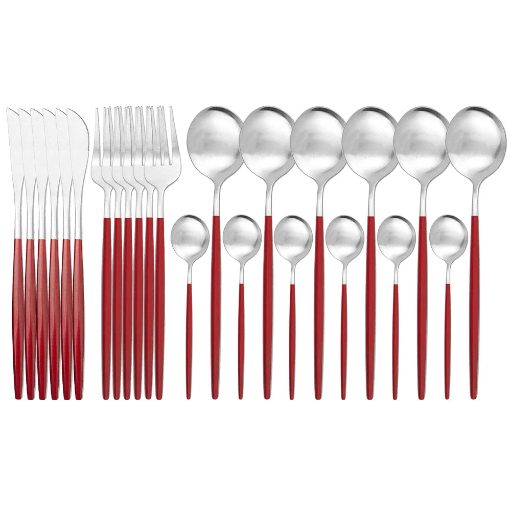 JANKNG 24Pcs Gold Dinnerware Set Stainless Steel Cutlery Set  Flatware Set Matte Black Knife Fork Spoon Silverware Tableware Set