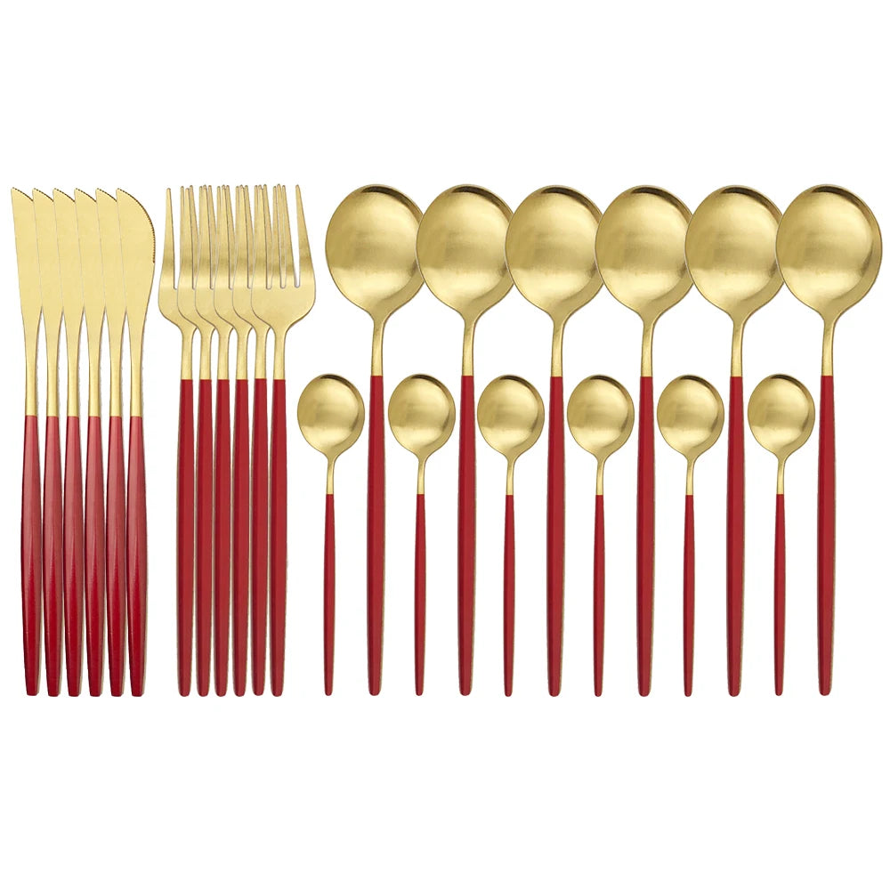 JANKNG 24Pcs Gold Dinnerware Set Stainless Steel Cutlery Set  Flatware Set Matte Black Knife Fork Spoon Silverware Tableware Set