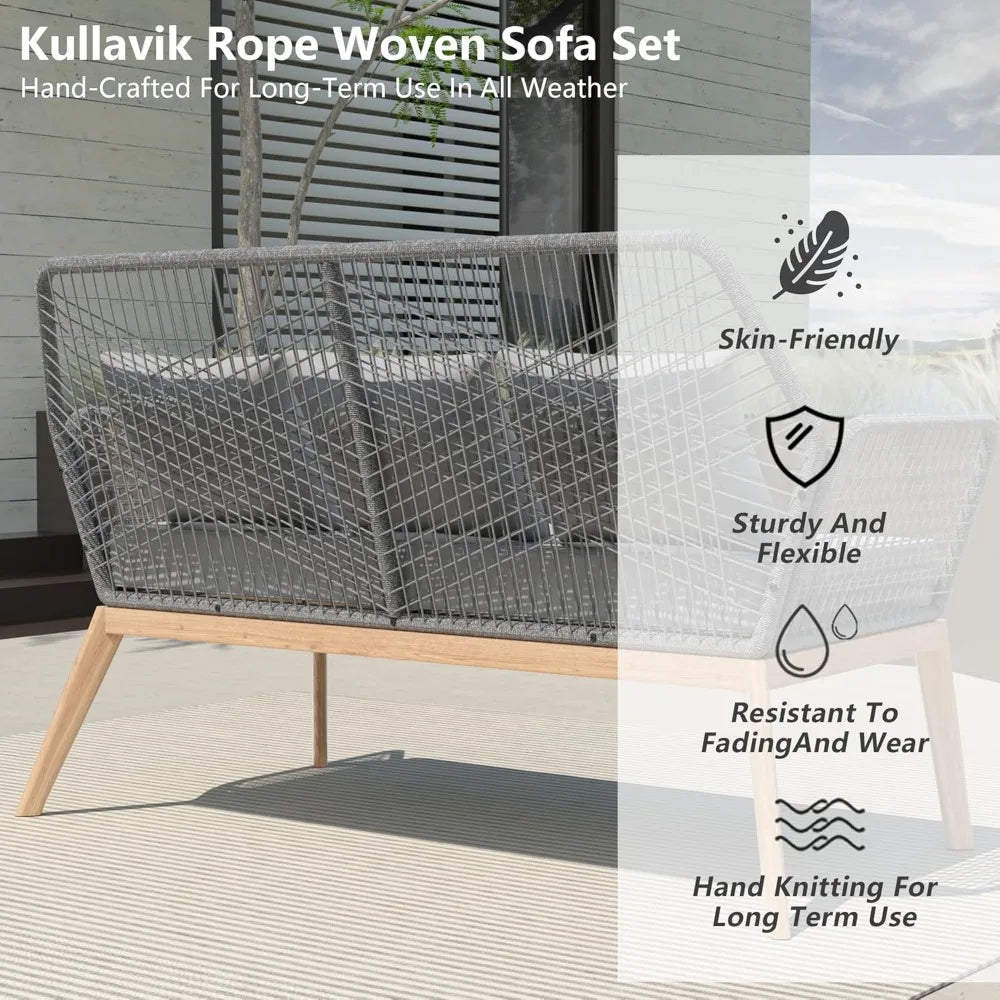 Outdoor Patio Furniture Set,2 Pieces Indoor Rope Woven Sectional Sofa Set Modern Oak Patio Conversation Sets with Wooden Table