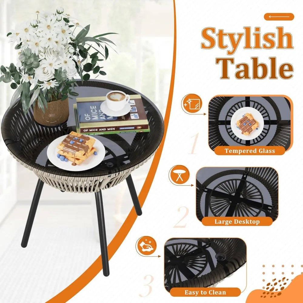 Patio Furniture Set 3 Pieces Rope Woven Bistro Set Outdoor Conversation Set with 2 Wide Chairs,Cushions and Tempered Glass Tabl