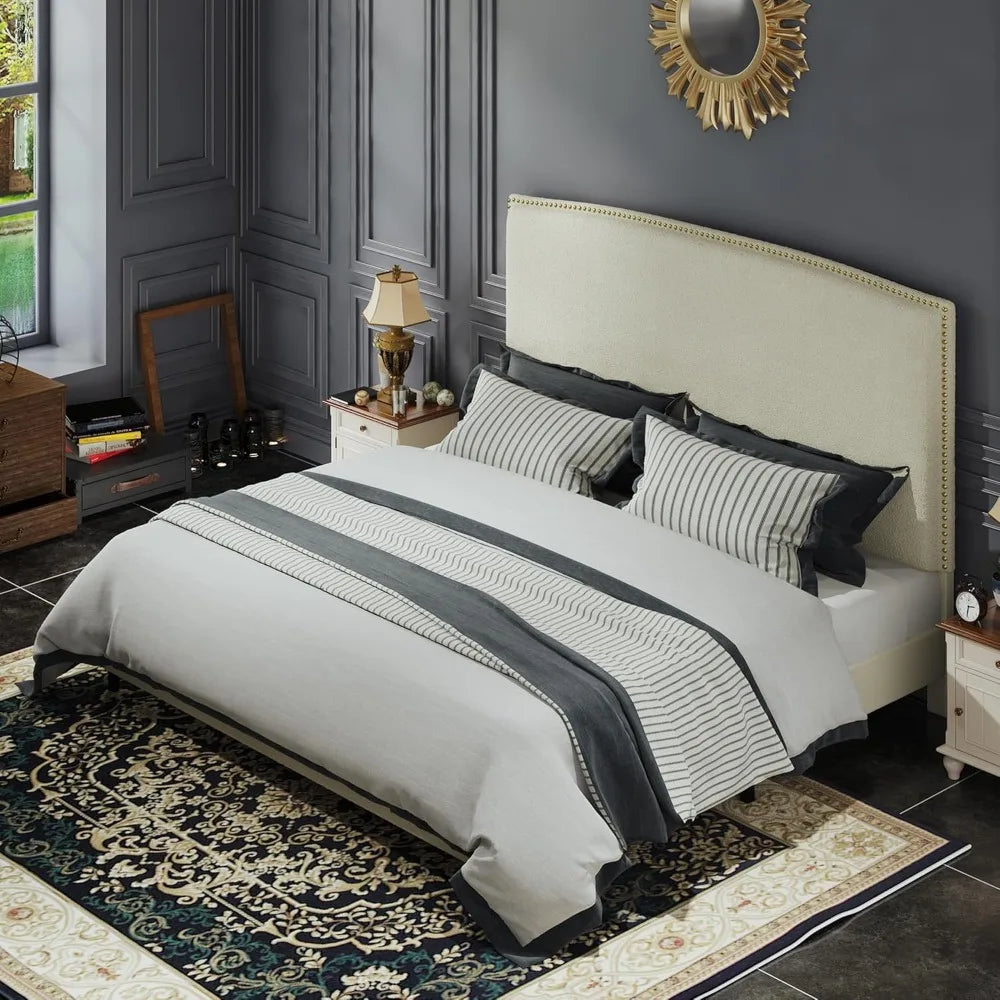 King Size Bed Frame with Upholstered Headboard, 56" Modern Platform Bed, Soft Boucle Fabric & Gold Nailhead Trim