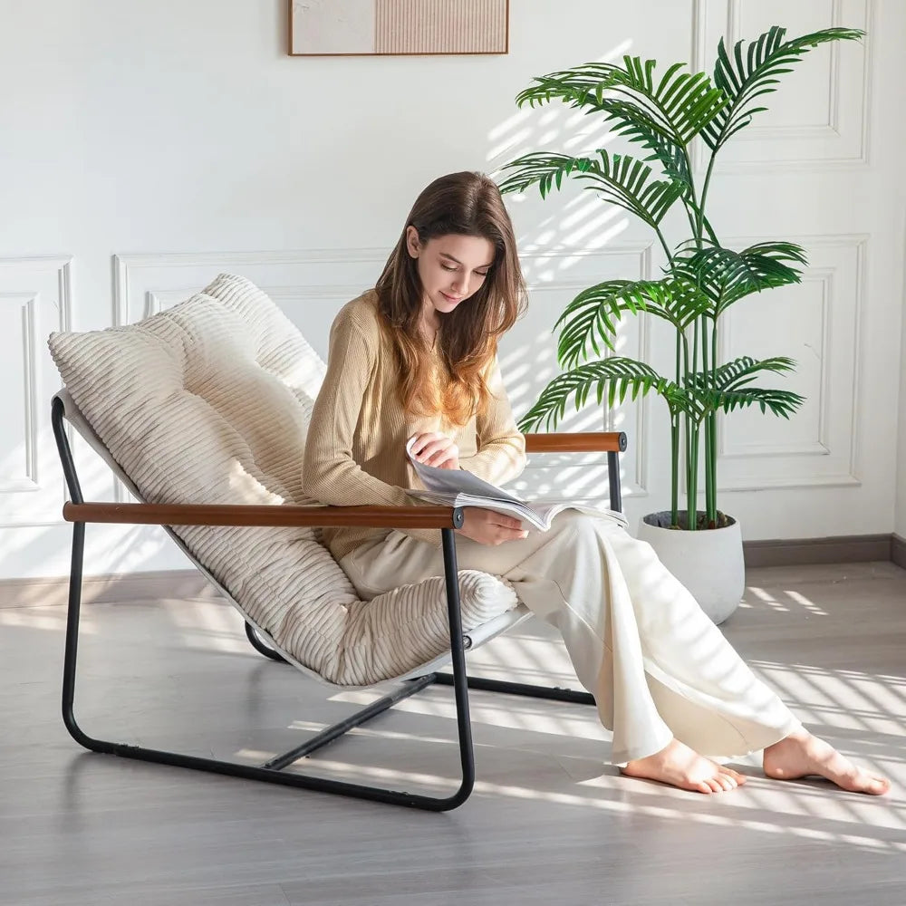 Modern Accent Chair, Comfy Living Room Chair with Metal Frame Wooden Armrest, Upholstered Armchair with Soft Cushion for Bedroo