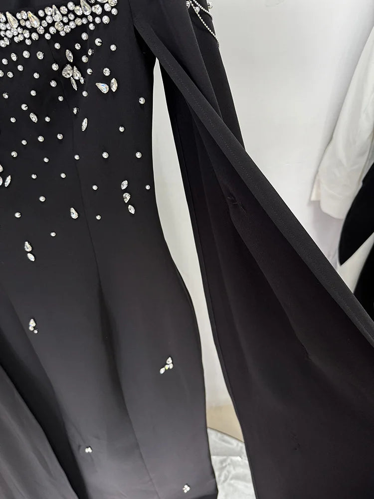 HIGH STREET Newest 2025 Designer Vestido Women's Diamonds Beaded Chains Cape Sleeve Floor Length Maxi Long Dress