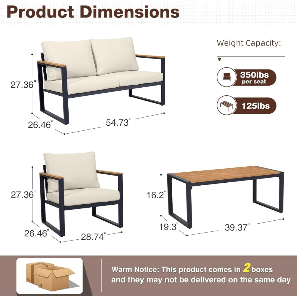 Patio Furniture Set, 4 Pieces Outdoor Patio Furniture with Coffee Table Set, Metal Patio Conversation Sets with Washable and Hig
