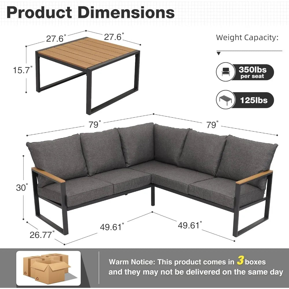 Metal Patio Furniture Set, 6 Pieces Outdoor Sectional Sofa Set with Side Table, L Shape Patio Conversation Set with Faux-Wood