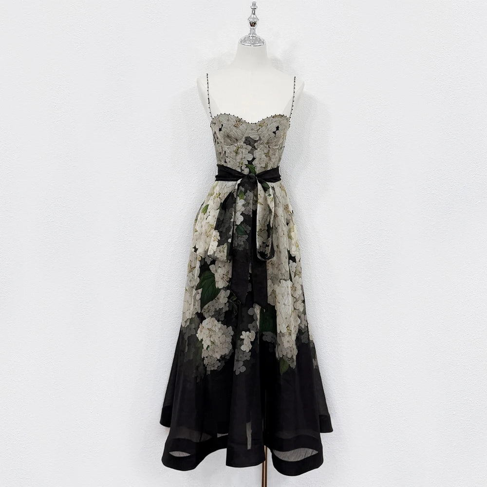 Women's dress Positioning print pattern Sleeveless Dress with Detachable fabric belt Dresses femme