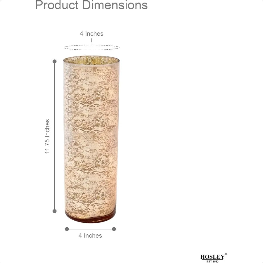 Mercury Rose Gold Glass Vase Decorative Glass Hurricane Vase 4" Dia X 12" H. Ideal for Floral Arrangements Cut Flowers Weddings