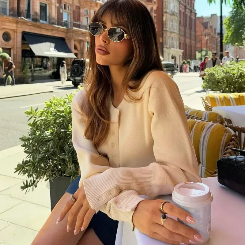 Women's High Waist Round Neck Single Breasted Cardigan Solid Long Sleeve Short Sweater Top Autumn Slim Bottoming Shirt