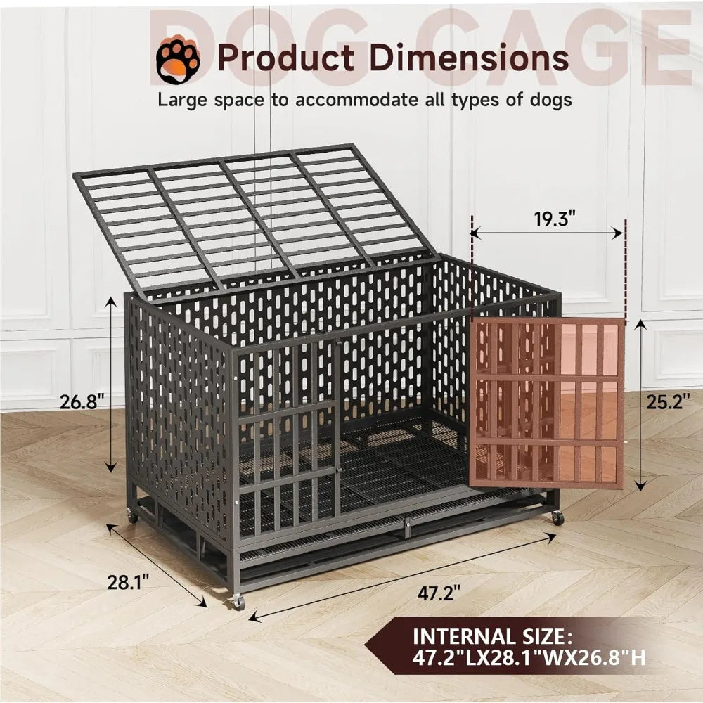 48/42 Inch Heavy Duty Indestructible Dog Crate Steel Escape Proof, Indoor Double Door High Anxiety Cage, Kennel with Wheels, Rem