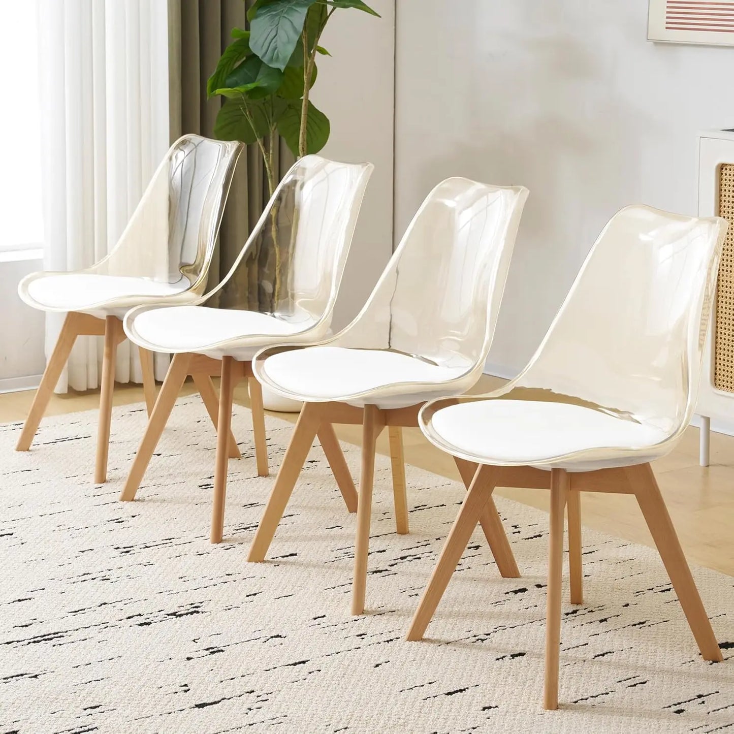 Clear Dining Chairs Set of 4, Modern Acrylic Accent Chair Kitchen Dinner Chairs with PU Leather Cushions Seat and Wood Legs, Sid