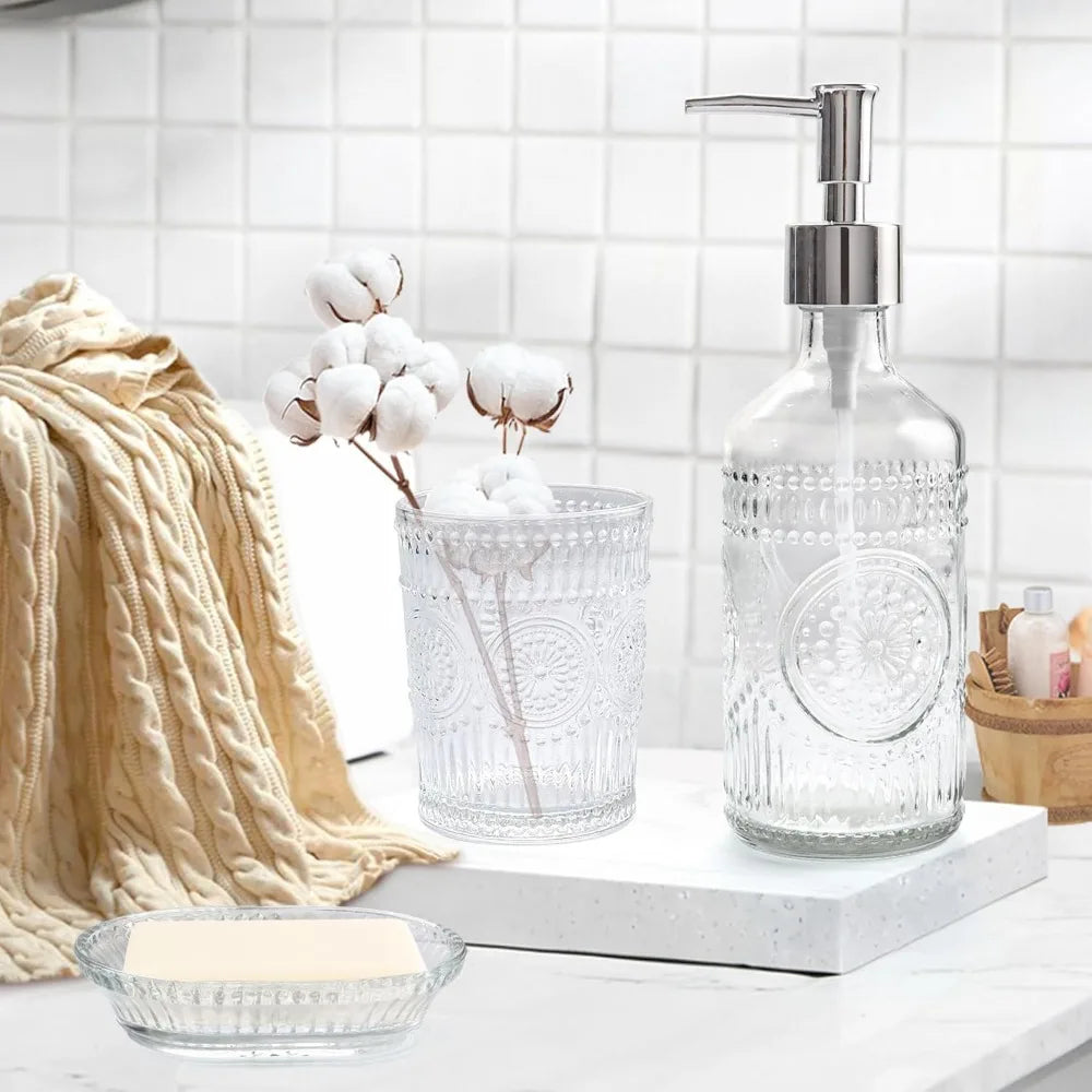 3pcs glass bathroom accessories set, lotion & soap dispenser, toothbrush holder, soap dish, modern bathroom countertop decor fo