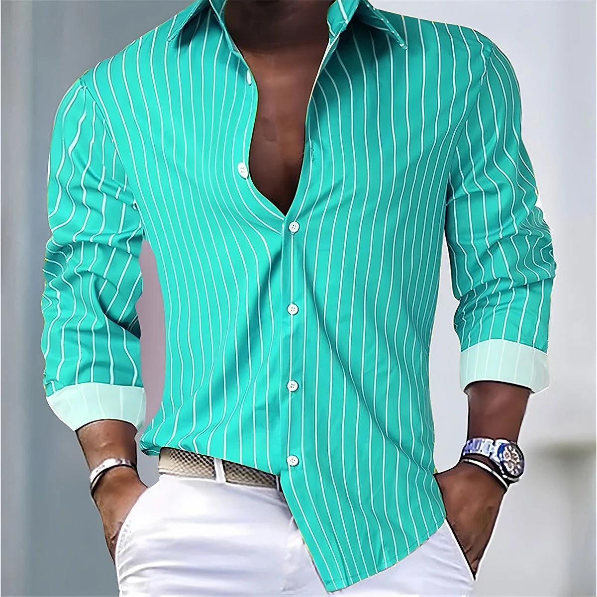 Men's Fashion Loose Striped Shirt 16 Colors Shirt Casual Breathable Lapel Button Long Sleeve Shirt Top Comfortable Soft Fabric