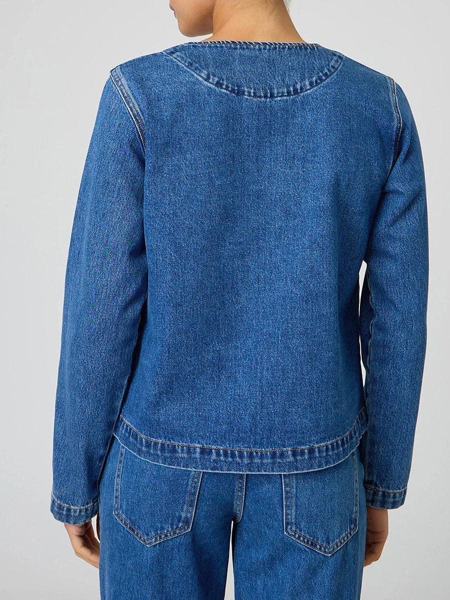 Ladies Classic Blue Denim Jacket with Round Neckline Long Sleeves and  Fit Button Down Design - Stylish Jean Coat
