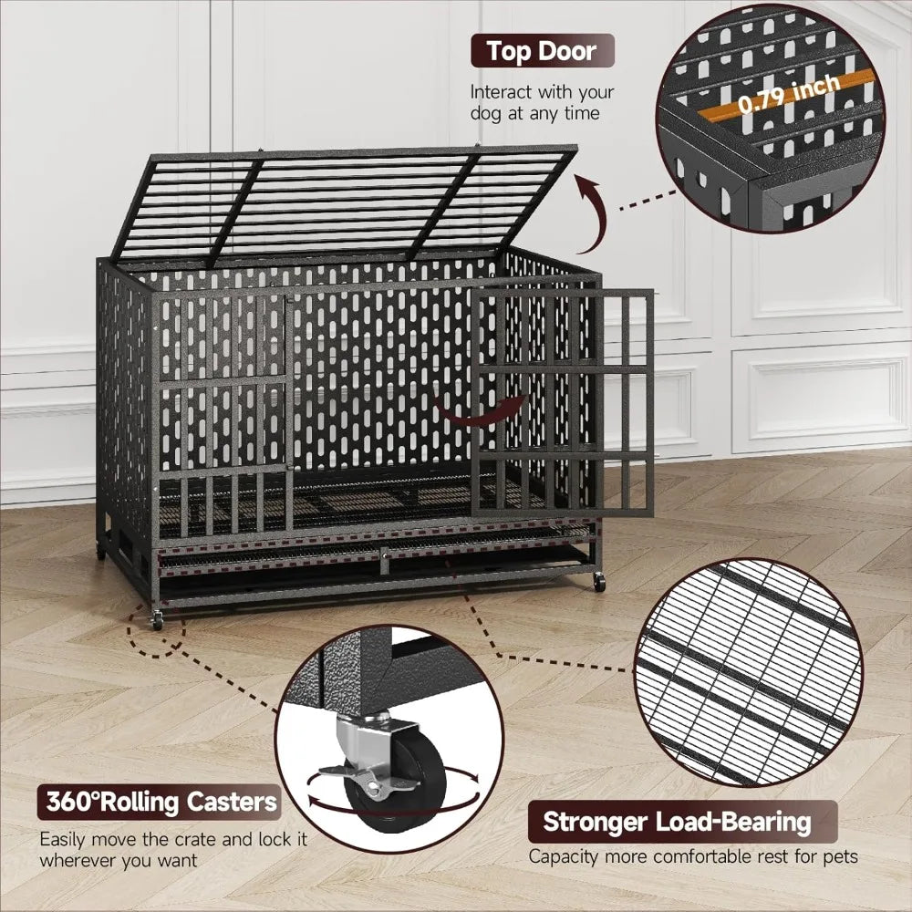 48/42 Inch Heavy Duty Indestructible Dog Crate Steel Escape Proof, Indoor Double Door High Anxiety Cage, Kennel with Wheels, Rem