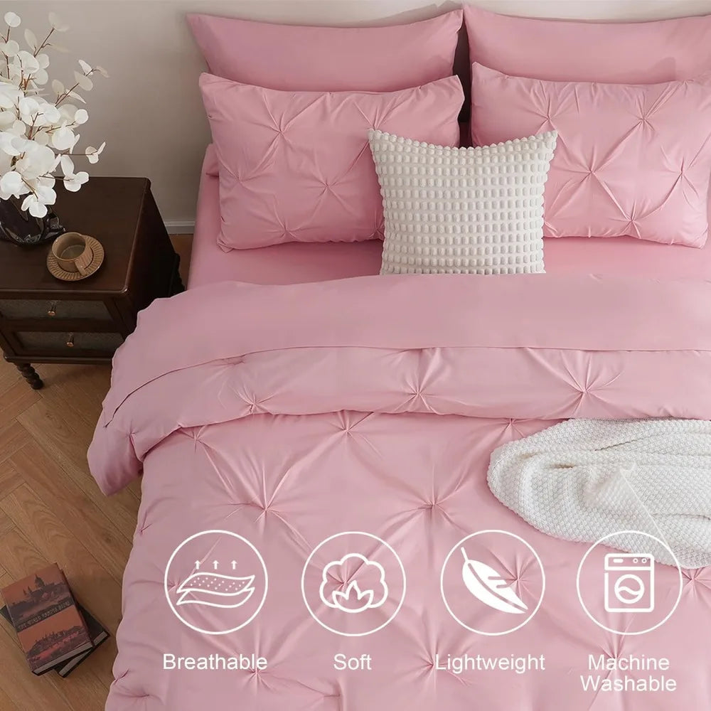 DOWNCOOL 7 Pieces King Size Comforter Set, Pink Pintuck Bed in A Bag, Pinch Pleat King Size Bed Set,All Season Bedding Sets with