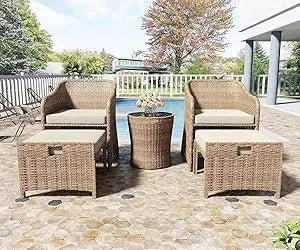 Balcony Furniture 5 Piece Patio Conversation Set, PE Wicker Rattan Outdoor Lounge Chairs with Soft Cushions 2 Ottoman&Glass Tabl